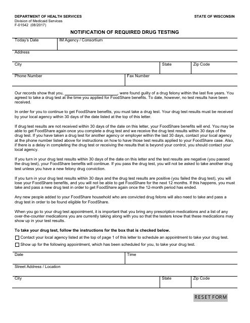 Form F-01542 Notification of Required Drug Testing - Wisconsin
