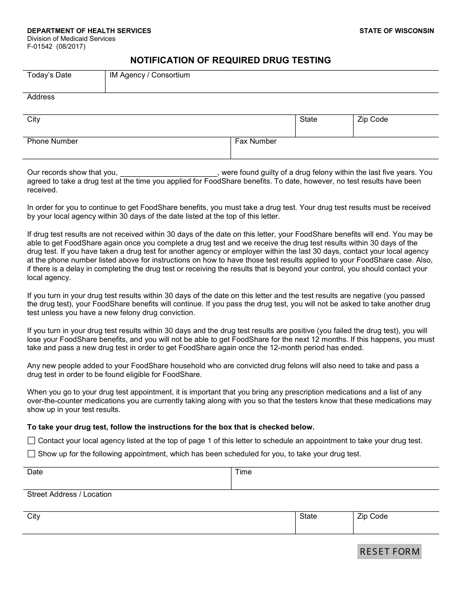 Form F-01542 Notification of Required Drug Testing - Wisconsin, Page 1