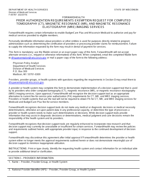Form F-00787 Prior Authorization Requirements Exemption Request for Computed Tomography (Ct), Magnetic Resonance (Mr), and Magnetic Resonance Elastography (Mre) Imaging Services - Wisconsin