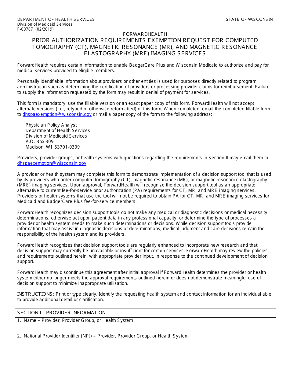 Form F-00787 Prior Authorization Requirements Exemption Request for Computed Tomography (Ct), Magnetic Resonance (Mr), and Magnetic Resonance Elastography (Mre) Imaging Services - Wisconsin, Page 1