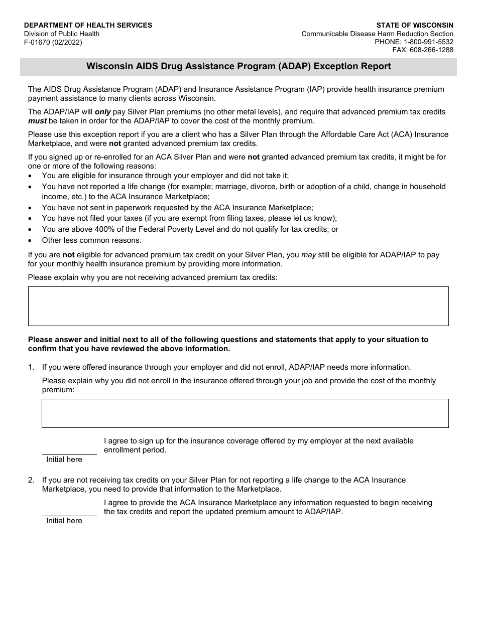 Form F-01670 Wisconsin AIDS Drug Assistance Program (Adap) Exception Report - Wisconsin, Page 1