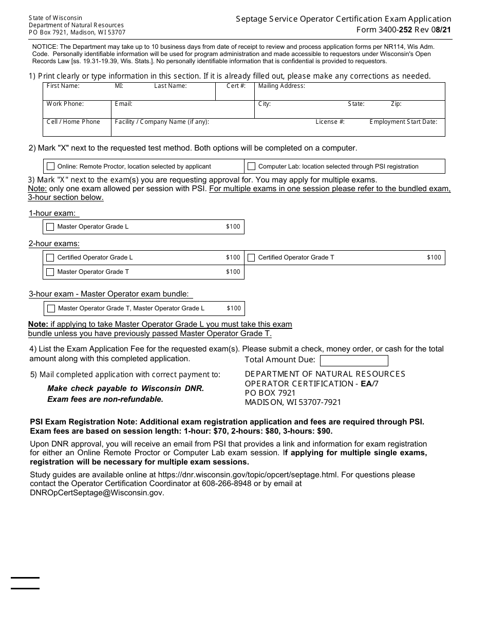 Form 3400-252 Septage Service Operator Certification Exam Application - Wisconsin, Page 1