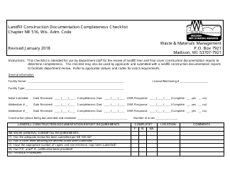 Document preview: Landfill Construction Documentation Completeness Checklist - Wisconsin