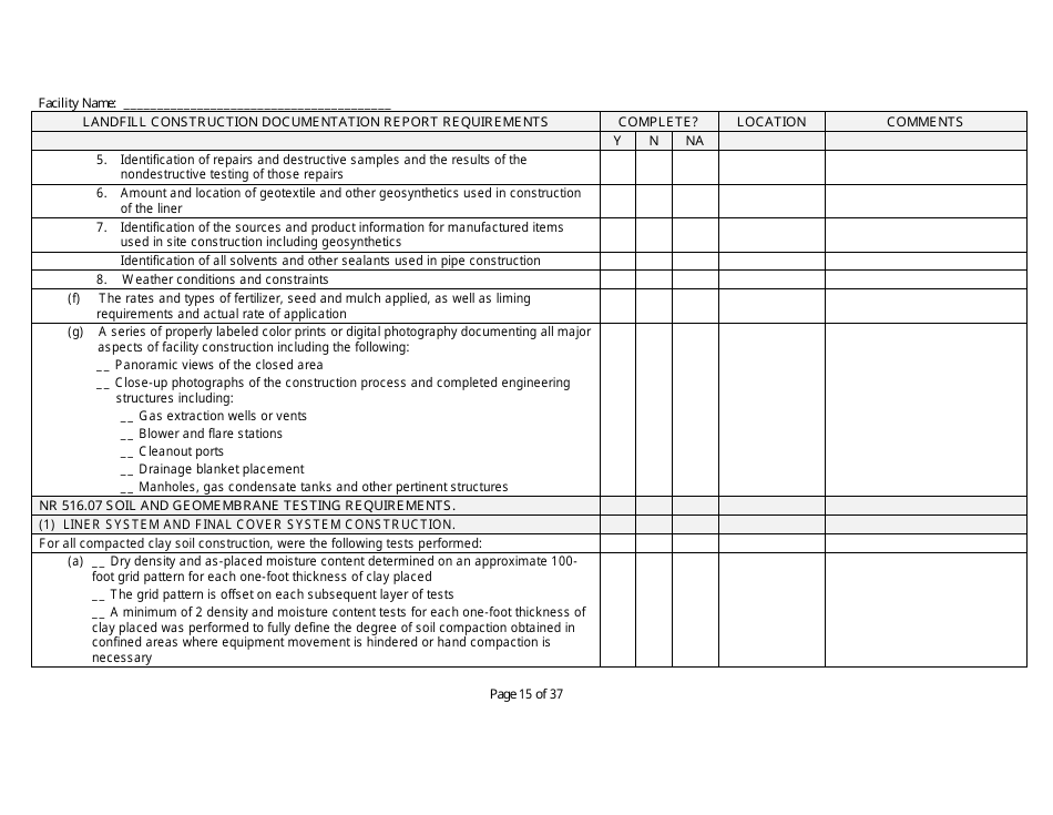 Landfill Construction Documentation Completeness Checklist - Wisconsin, Page 15