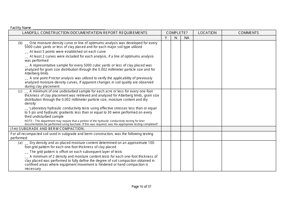 Landfill Construction Documentation Completeness Checklist - Wisconsin, Page 16
