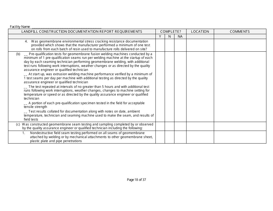 Landfill Construction Documentation Completeness Checklist - Wisconsin, Page 18