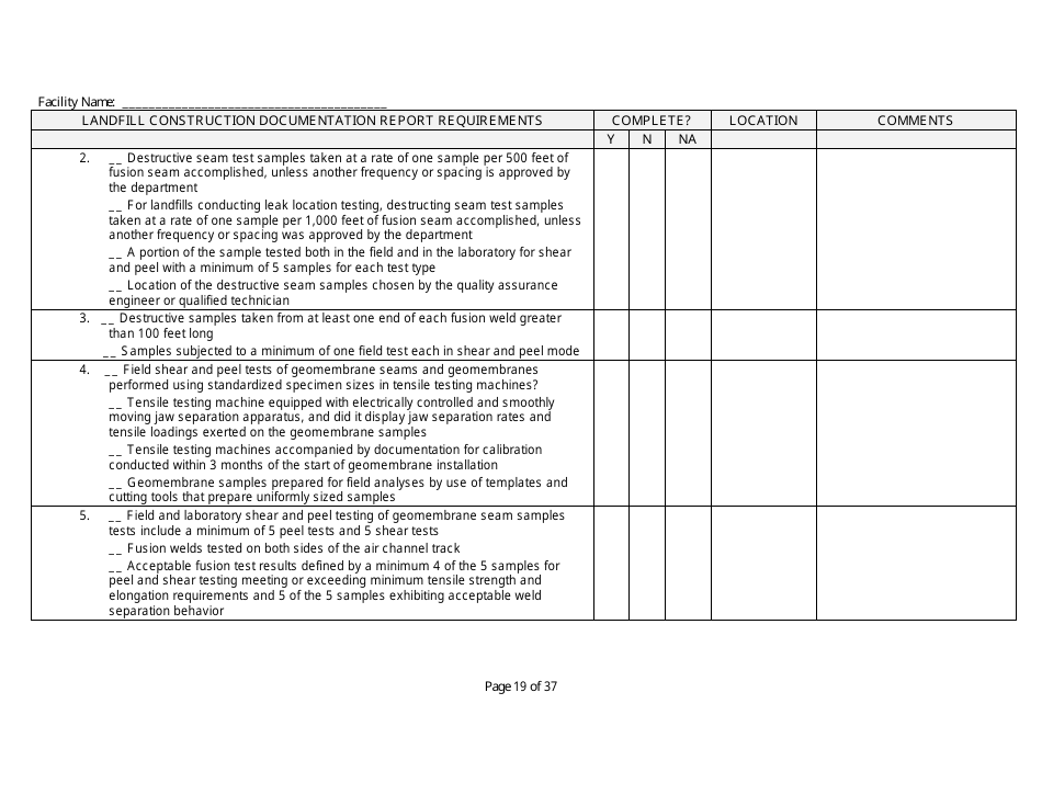 Landfill Construction Documentation Completeness Checklist - Wisconsin, Page 19