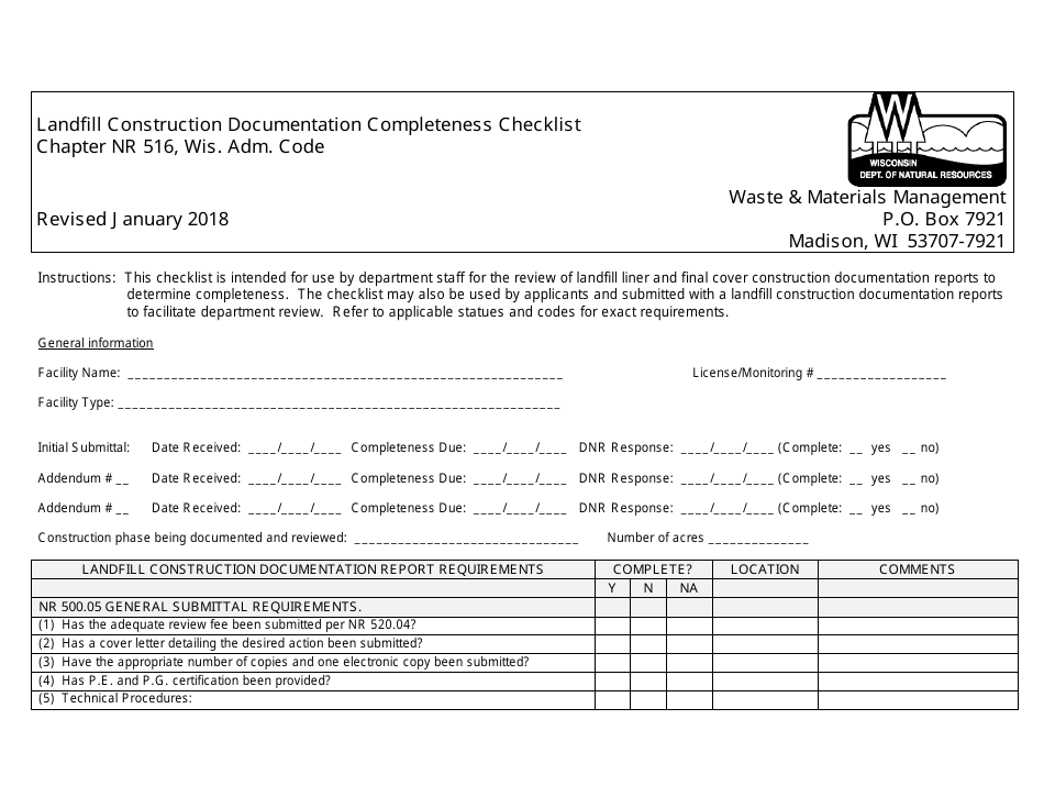 Landfill Construction Documentation Completeness Checklist - Wisconsin, Page 1