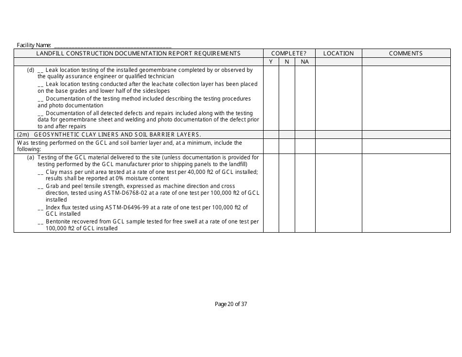 Landfill Construction Documentation Completeness Checklist - Wisconsin, Page 20