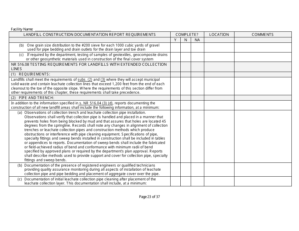 Landfill Construction Documentation Completeness Checklist - Wisconsin, Page 23