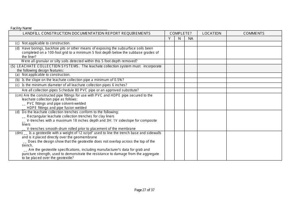 Landfill Construction Documentation Completeness Checklist - Wisconsin, Page 27