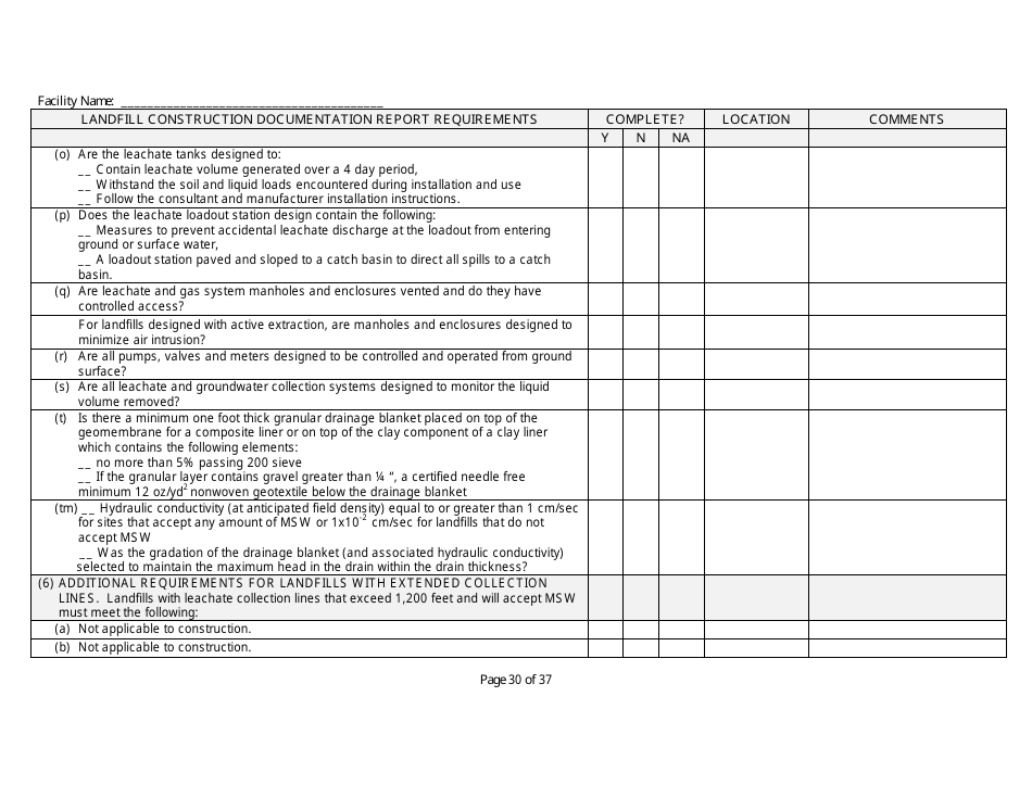Landfill Construction Documentation Completeness Checklist - Wisconsin, Page 30