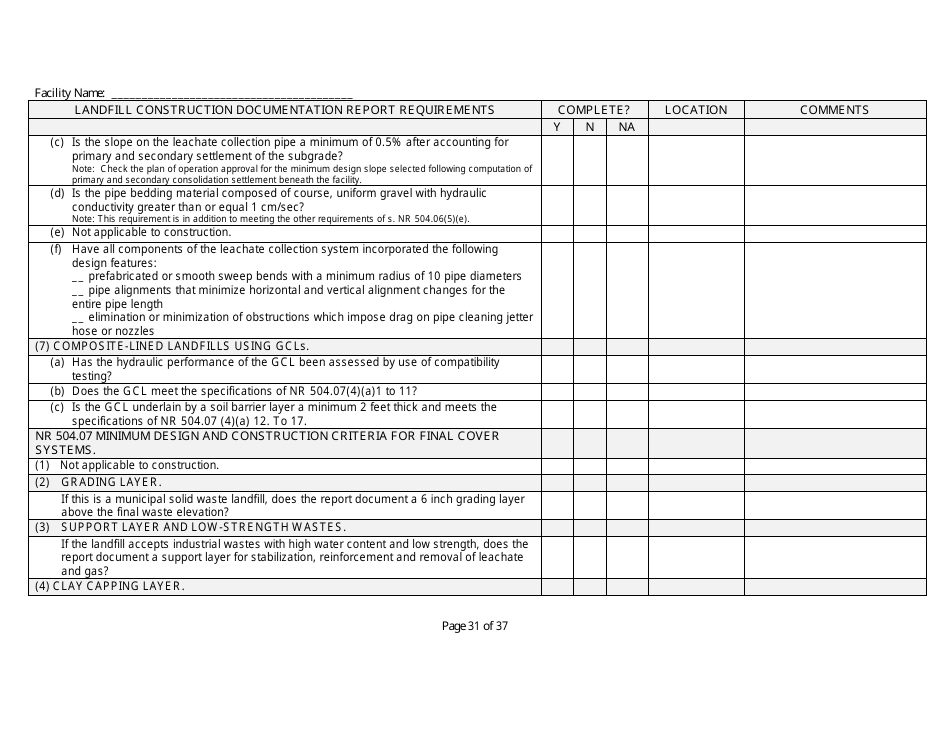 Landfill Construction Documentation Completeness Checklist - Wisconsin, Page 31