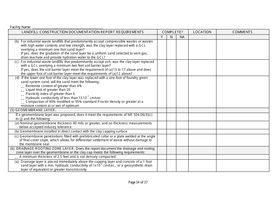Landfill Construction Documentation Completeness Checklist - Wisconsin, Page 34