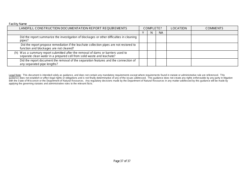 Landfill Construction Documentation Completeness Checklist - Wisconsin, Page 37