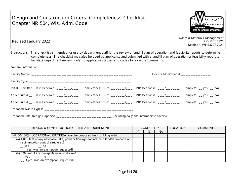 Design and Construction Criteria Completeness Checklist - Wisconsin, Page 1