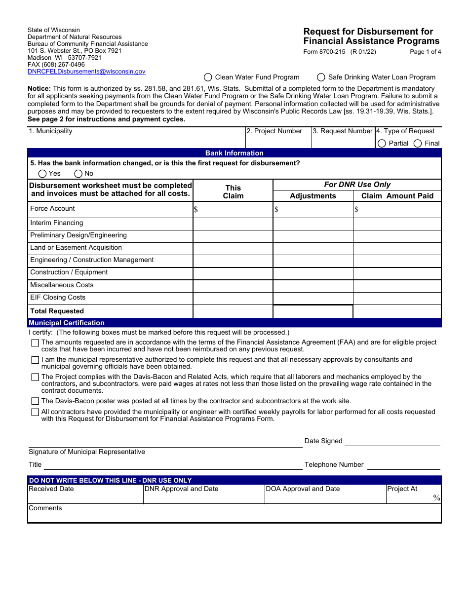 Form 8700-215 Request for Disbursement for Financial Assistance Programs - Wisconsin, Page 1