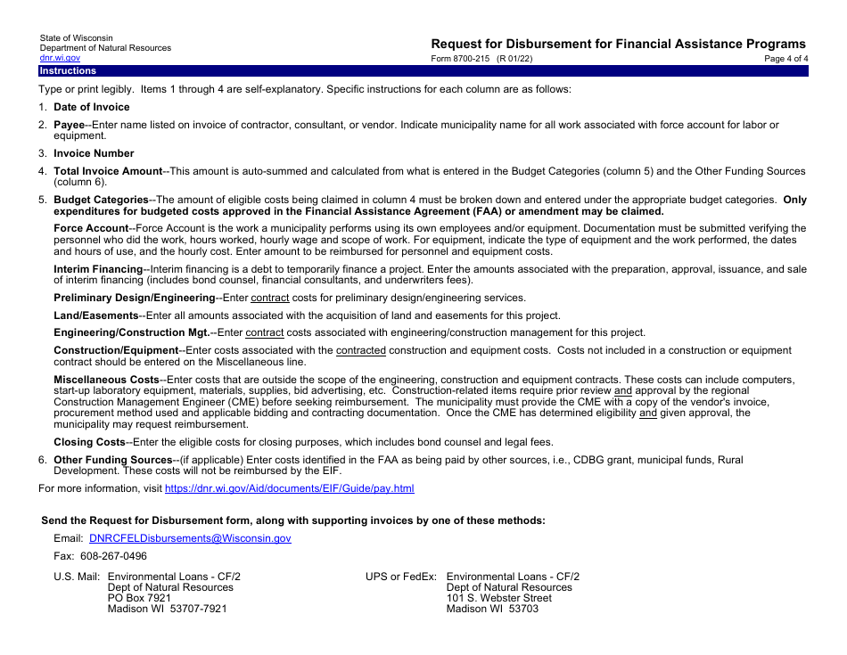 Form 8700-215 Request for Disbursement for Financial Assistance Programs - Wisconsin, Page 4