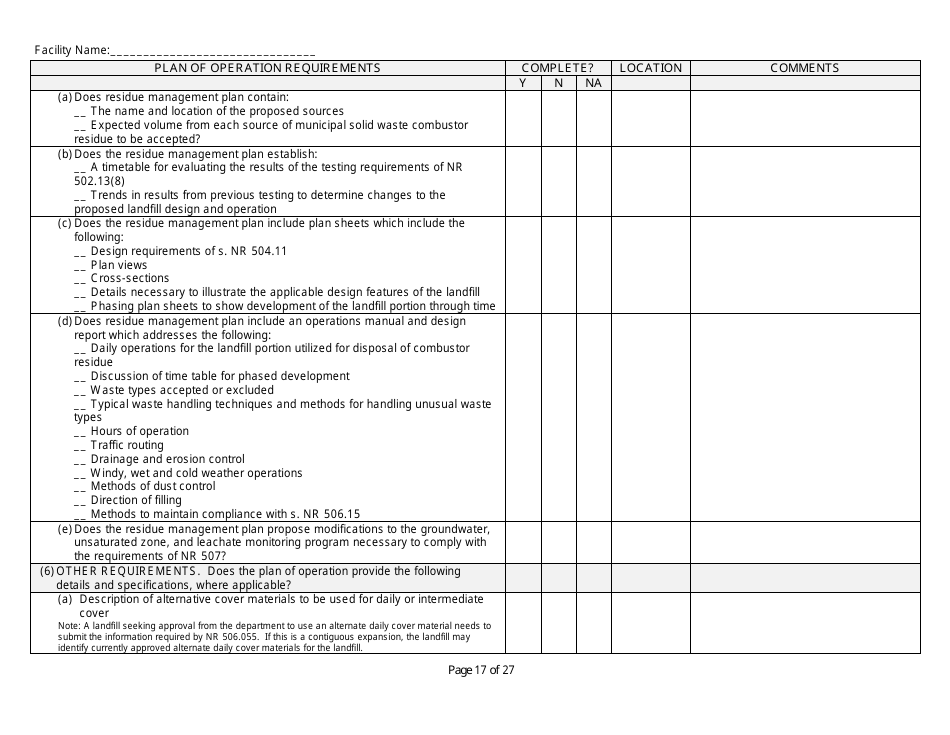 Plan of Operation Completeness Checklist - Wisconsin, Page 17