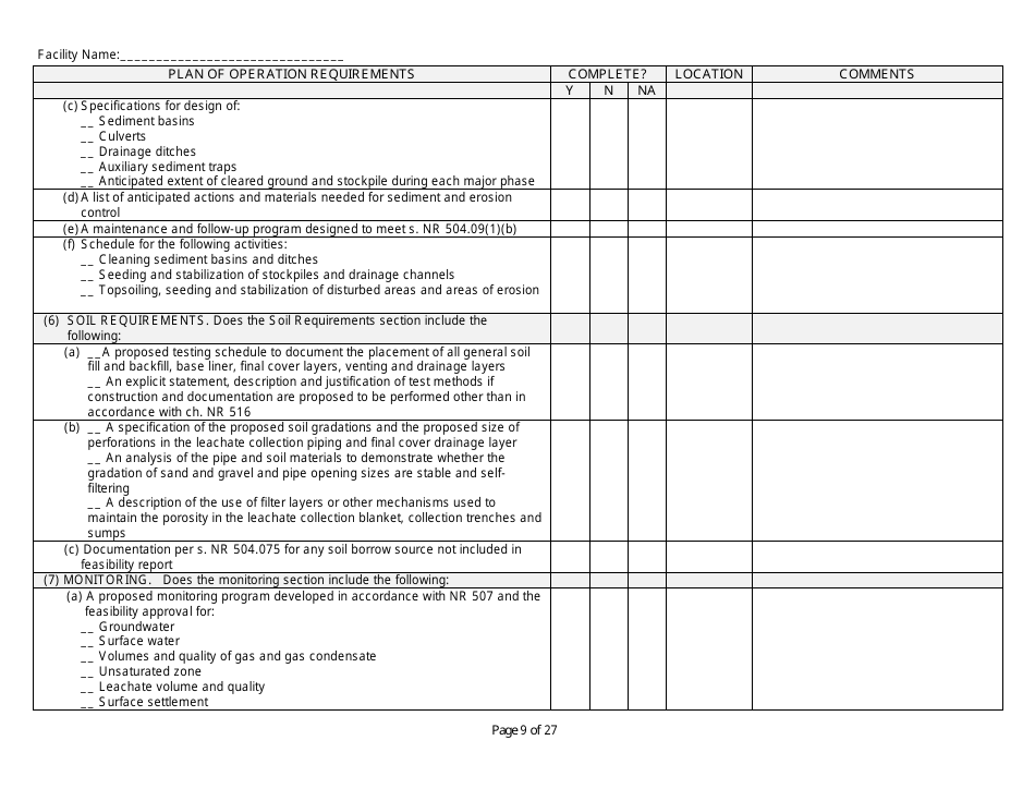 Plan of Operation Completeness Checklist - Wisconsin, Page 9