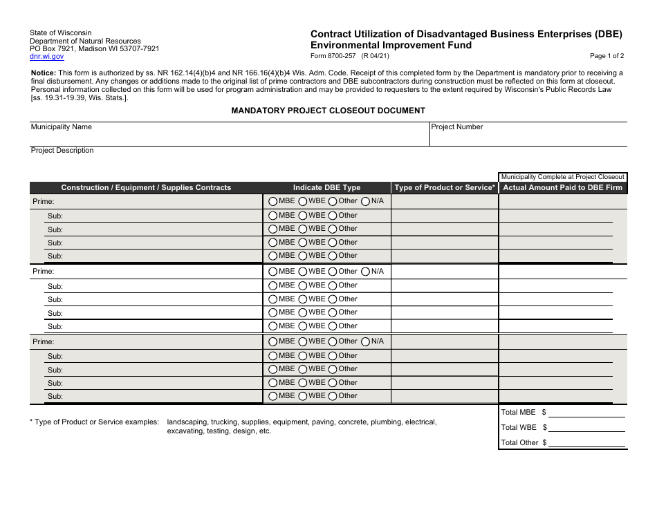 Form 8700-257 Contract Utilization of Disadvantaged Business Enterprises (Dbe) Environmental Improvement Fund - Wisconsin, Page 1
