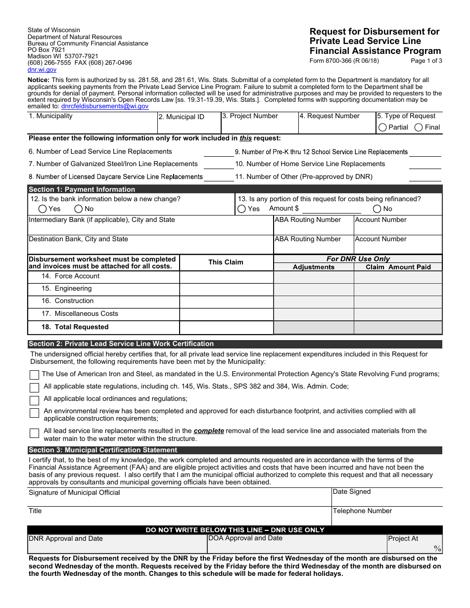Form 8700-366 Request for Disbursement for Private Lead Service Line Financial Assistance Program - Wisconsin, Page 1
