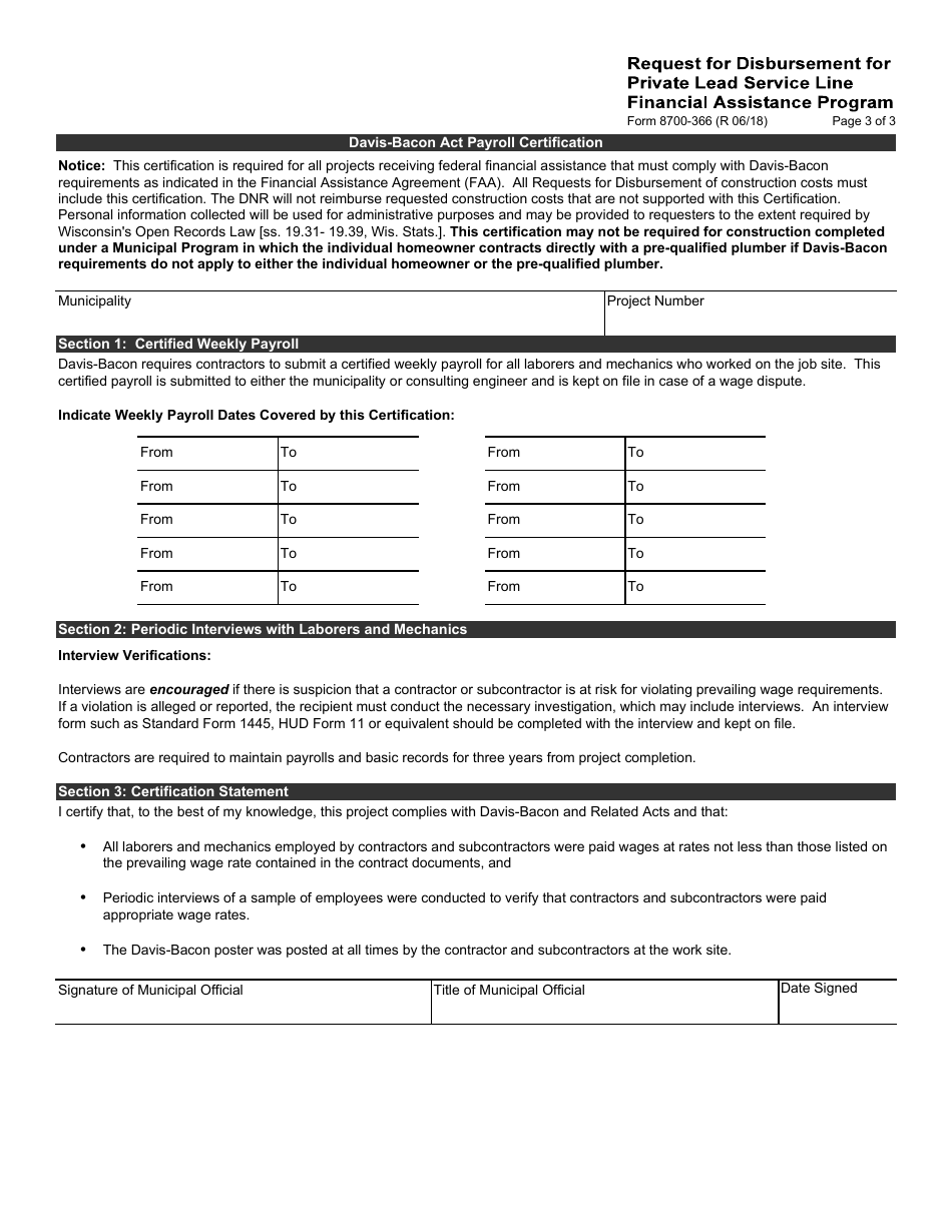 Form 8700-366 Request for Disbursement for Private Lead Service Line Financial Assistance Program - Wisconsin, Page 3