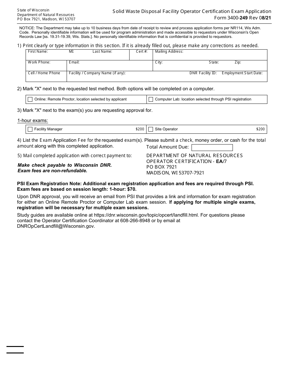 Form 3400-249 Solid Waste Disposal Facility Operator Certification Exam Application - Wisconsin, Page 1