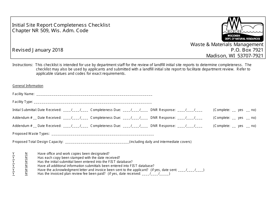 Initial Site Report Completeness Checklist - Wisconsin, Page 1