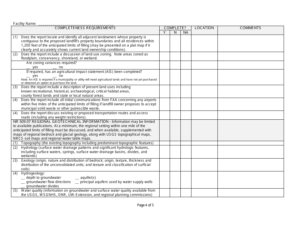 Initial Site Report Completeness Checklist - Wisconsin, Page 4