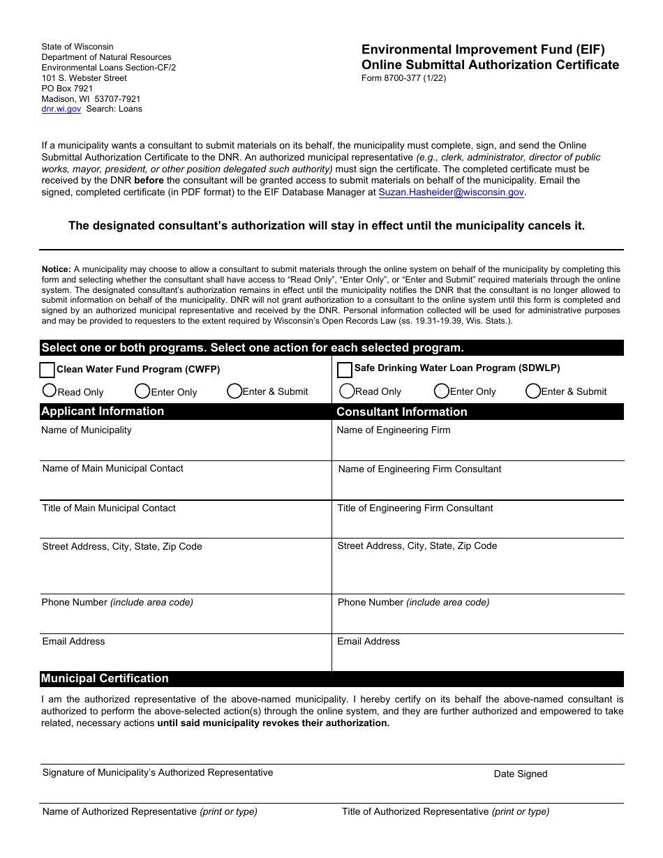 Form 8700-377 Environmental Improvement Fund (Eif) Online Submittal Authorization Certificate - Wisconsin, Page 1