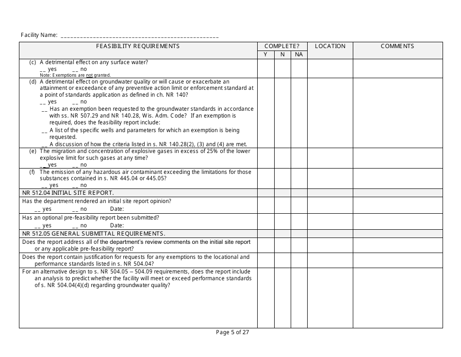 Feasibility Report Completeness Checklist - Wisconsin, Page 5