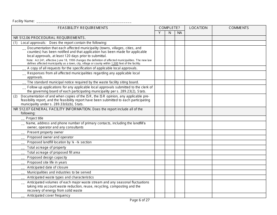 Feasibility Report Completeness Checklist - Wisconsin, Page 6