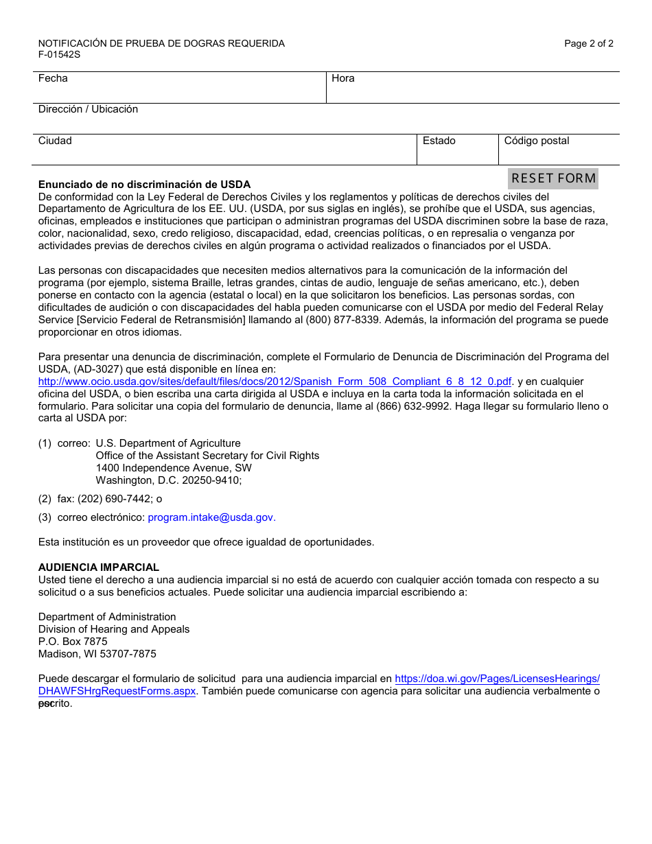 Formulario F-01542 Notificacion De Prueba De Dogras Requerida - Wisconsin (Spanish), Page 2