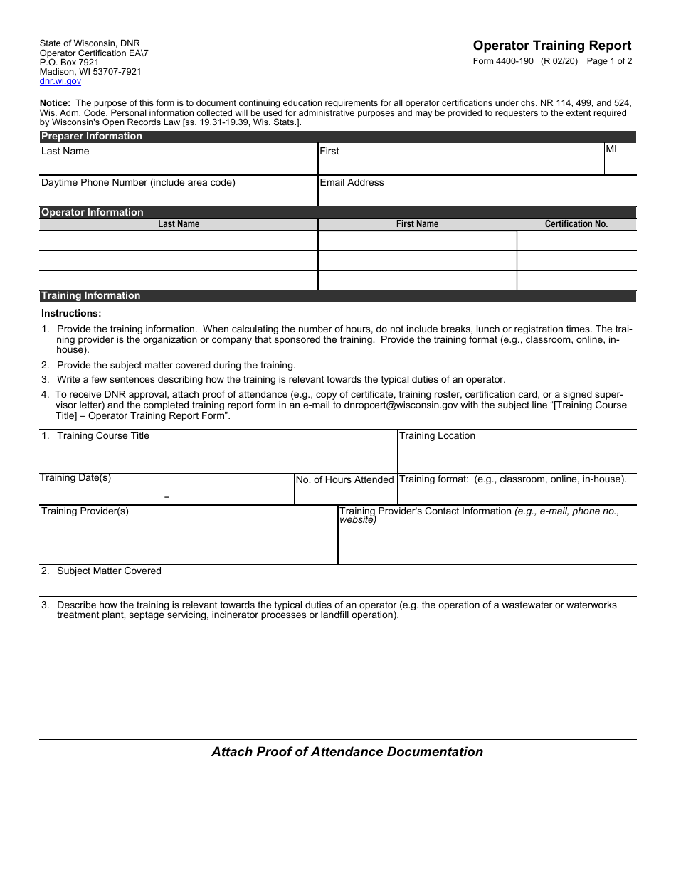Form 4400-190 Operator Training Report - Wisconsin, Page 1