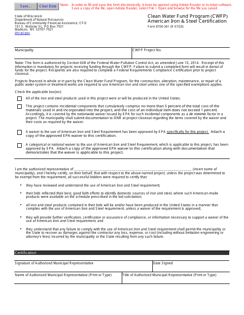 Form 8700-361 American Iron and Steel (Ais) Certification - Wisconsin