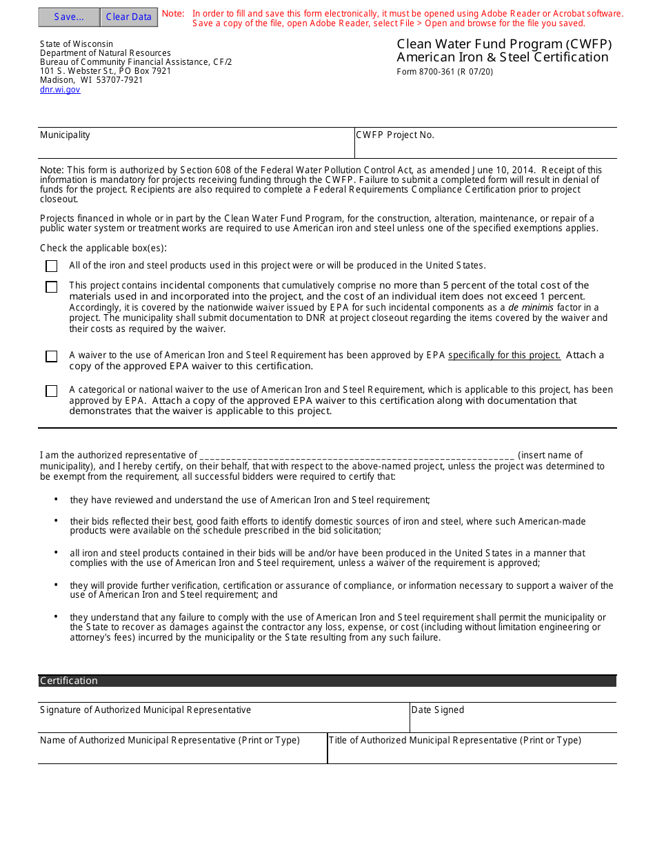 Form 8700-361 American Iron and Steel (Ais) Certification - Wisconsin, Page 1