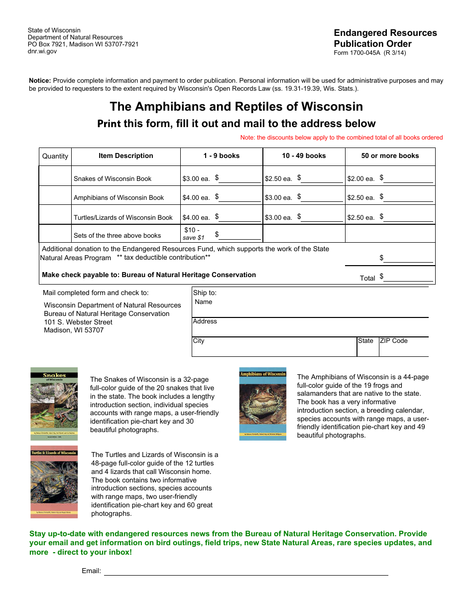 Form 1700-045A Endangered Resources Publication Order - Wisconsin, Page 1
