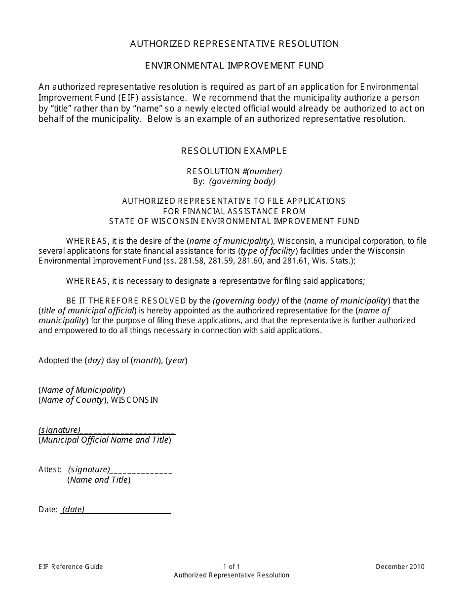 Authorized Representative Resolution - Example - Wisconsin, Page 1