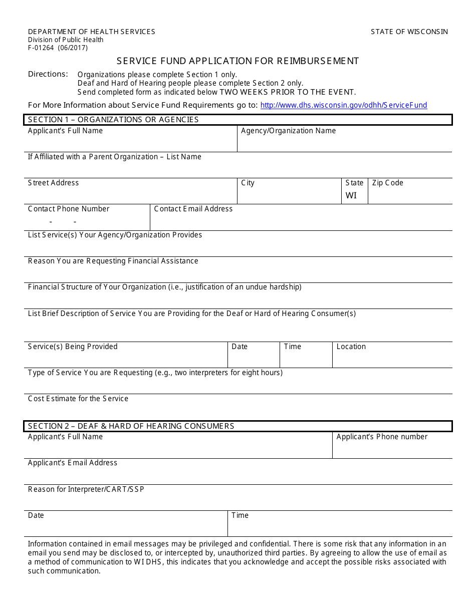 Form F-01264 Service Fund Application for Reimbursement - Wisconsin, Page 1