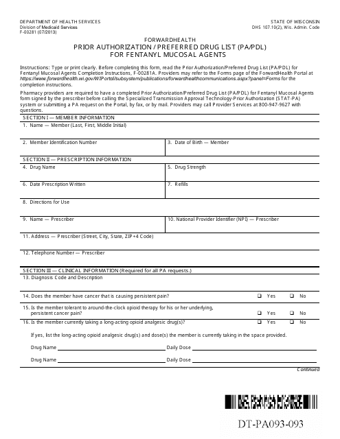 Form F-00281 Prior Authorization/Preferred Drug List (Pa/Pdl) for Fentanyl Mucosal Agents - Wisconsin