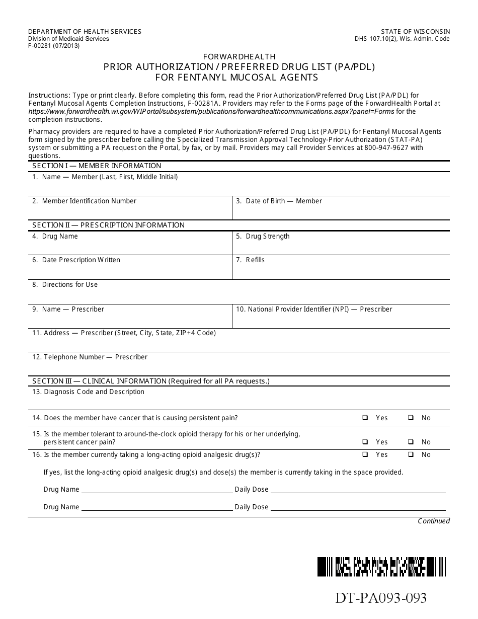 Form F-00281 Prior Authorization / Preferred Drug List (Pa / Pdl) for Fentanyl Mucosal Agents - Wisconsin, Page 1