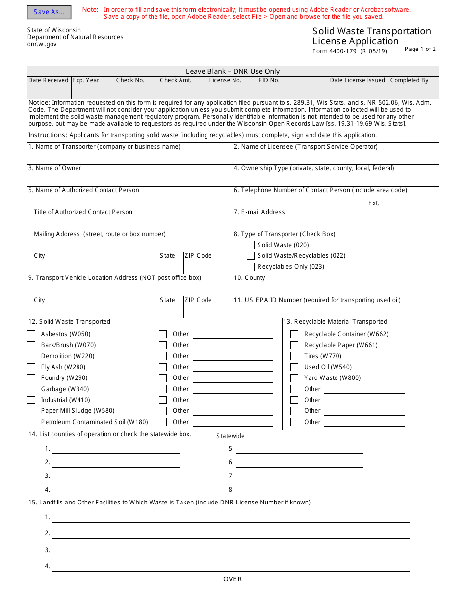 Form 4400-179 Solid Waste Transportation License Application - Wisconsin, Page 1