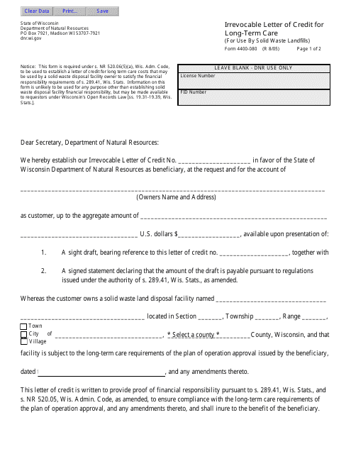 Form 4400-080 Irrevocable Letter of Credit for Long-Term Care - Wisconsin