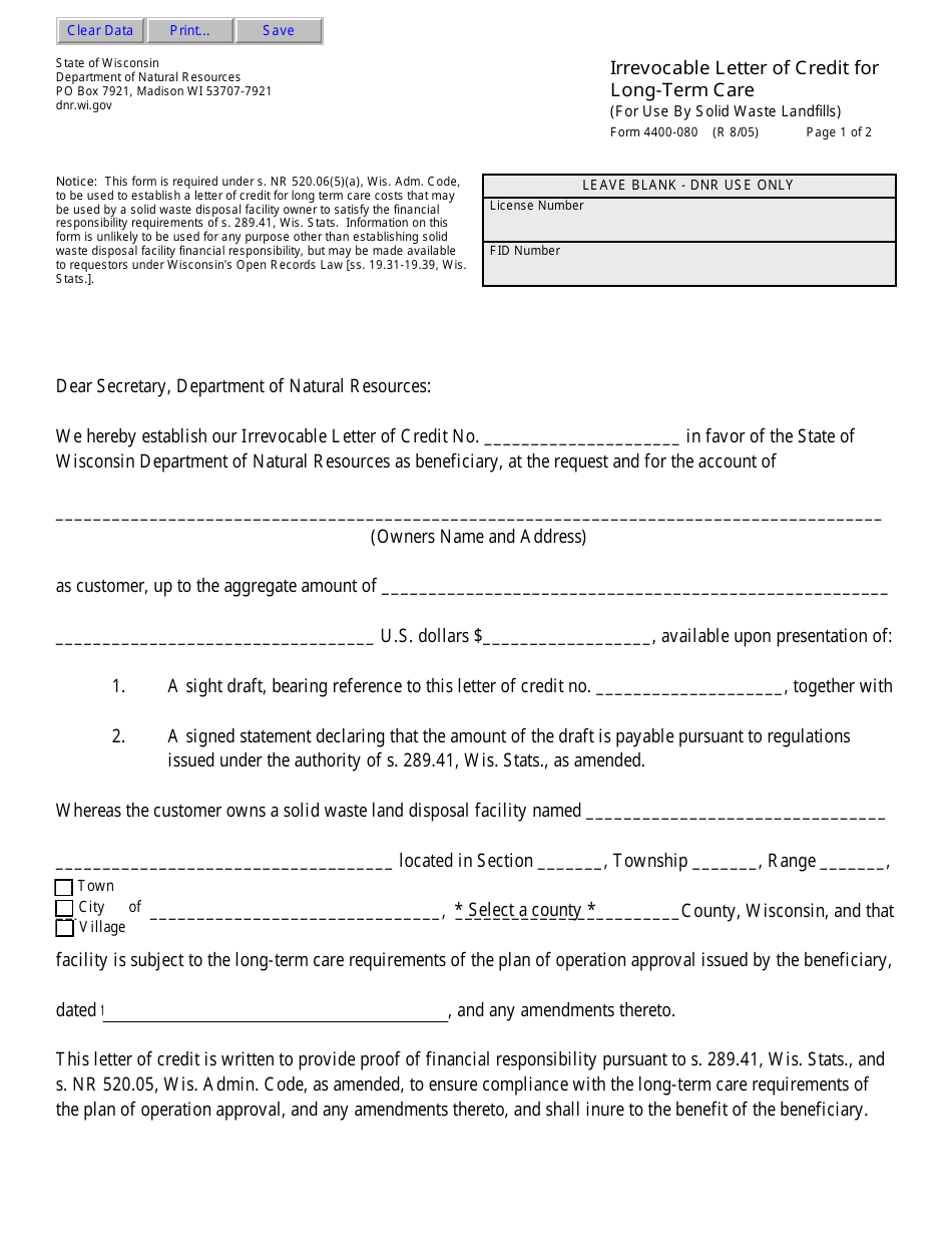 Form 4400-080 Irrevocable Letter of Credit for Long-Term Care - Wisconsin, Page 1