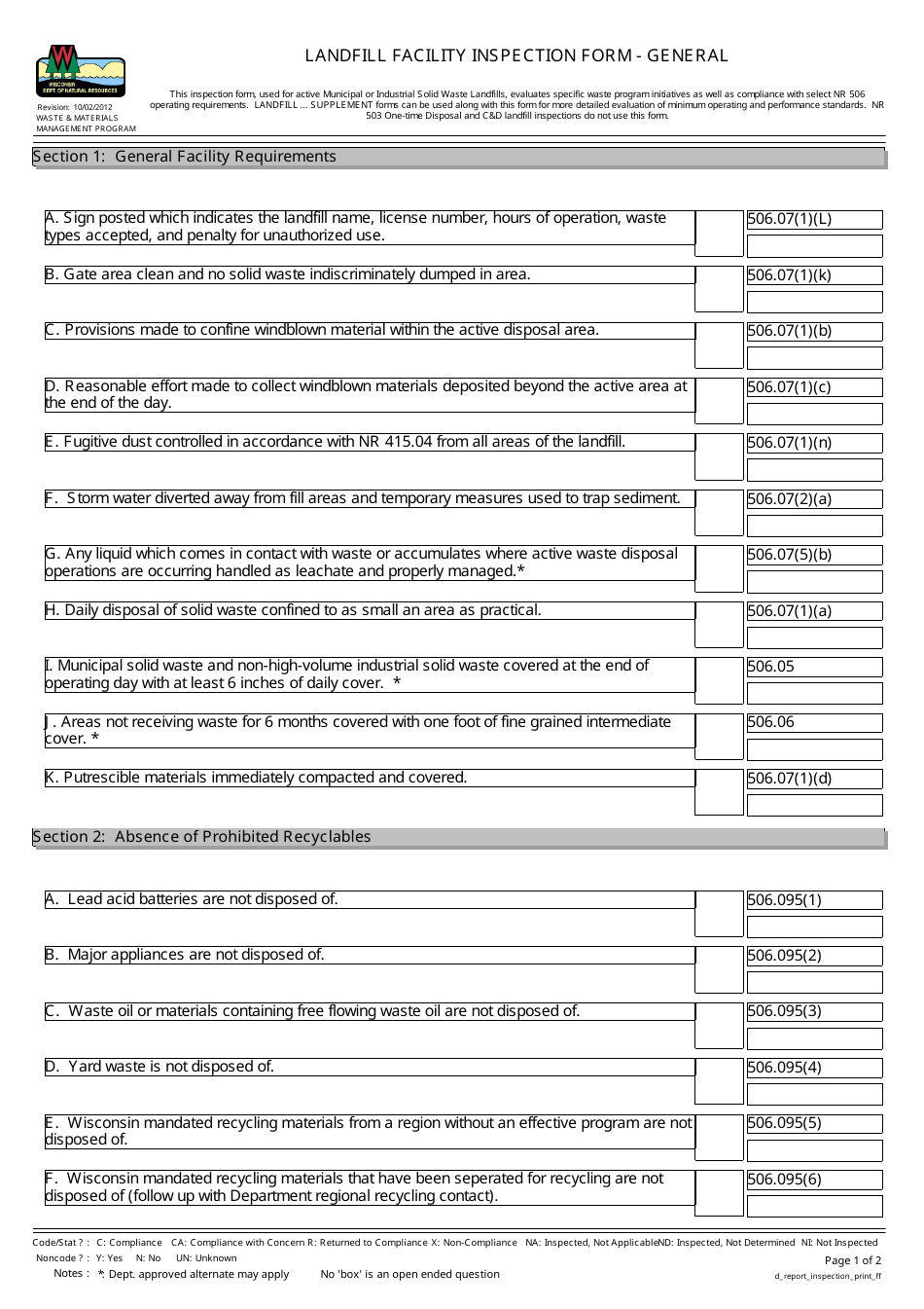 Landfill Facility Inspection Form - General - Wisconsin, Page 1