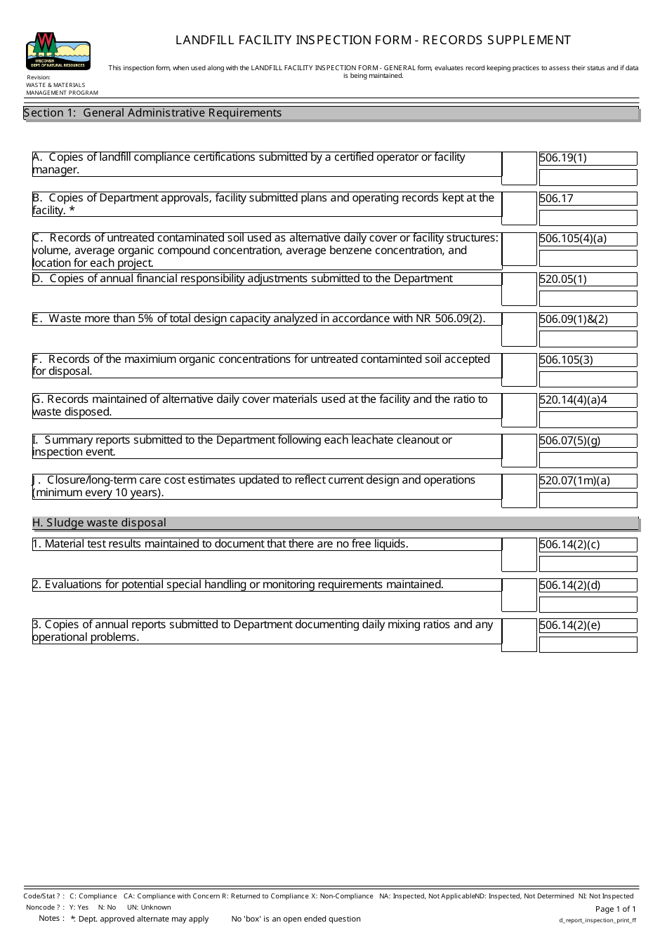 Landfill Facility Inspection Form - Records Supplement - Wisconsin, Page 1