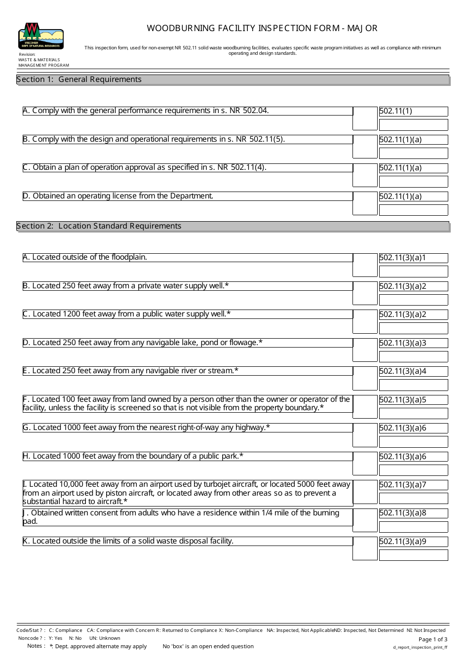 Woodburning Facility Inspection Form - Major - Wisconsin, Page 1