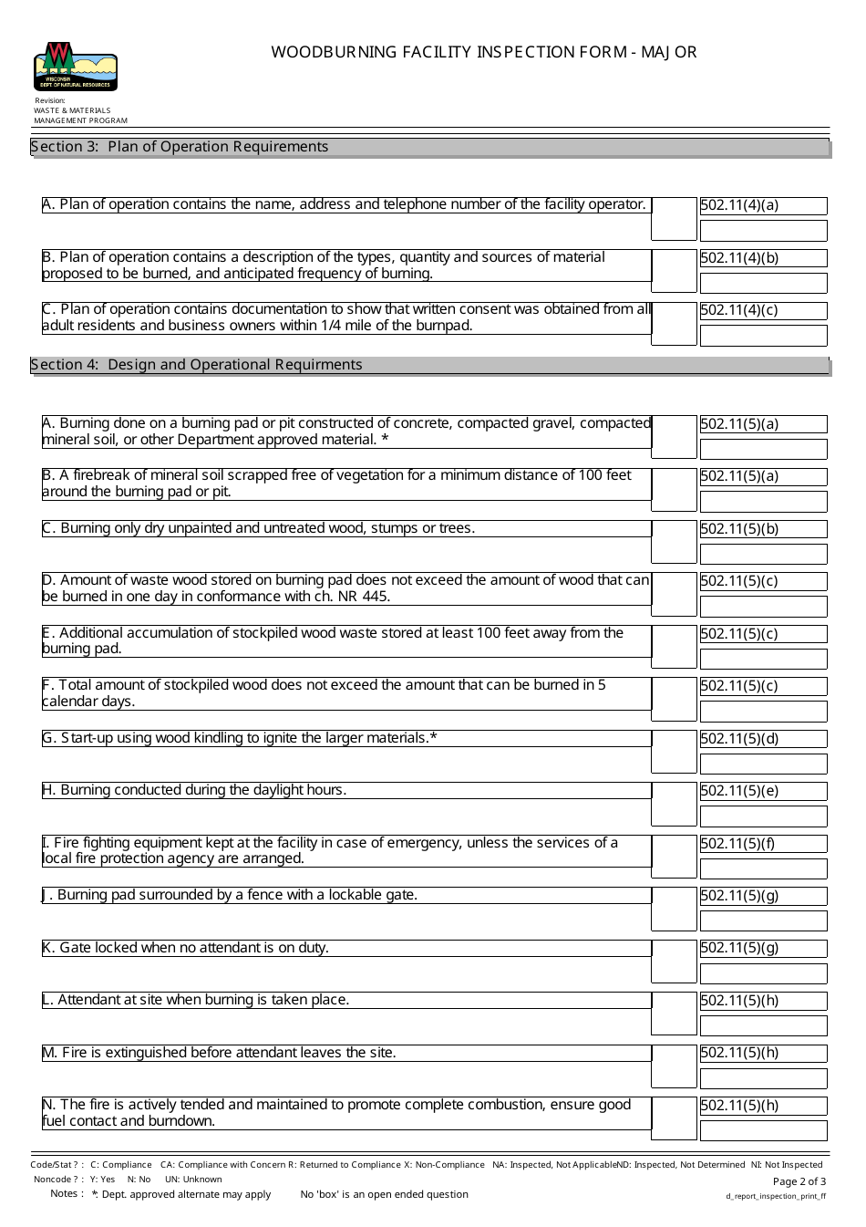 Woodburning Facility Inspection Form - Major - Wisconsin, Page 2