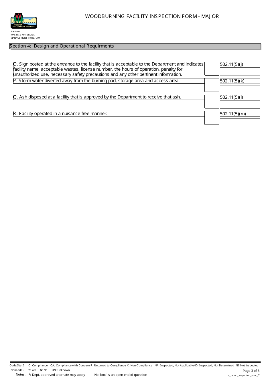 Woodburning Facility Inspection Form - Major - Wisconsin, Page 3